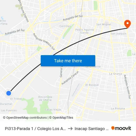 Pi313-Parada 1 / Colegio Los Alpes to Inacap Santiago Sur map