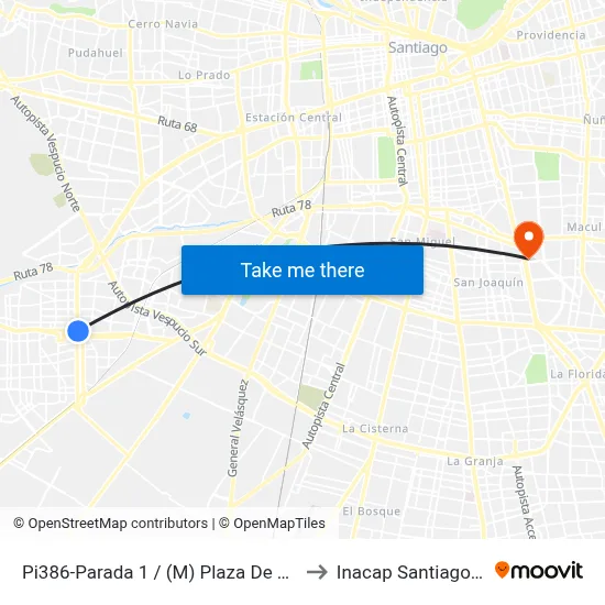 Pi386-Parada 1 / (M) Plaza De Maipú to Inacap Santiago Sur map