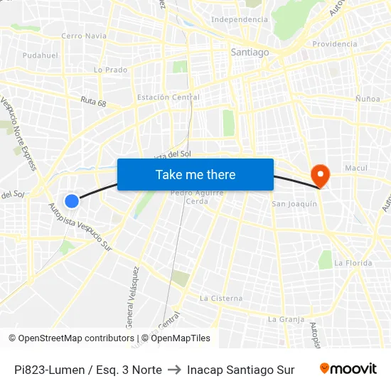 Pi823-Lumen / Esq. 3 Norte to Inacap Santiago Sur map