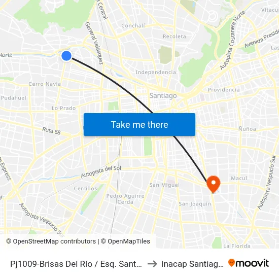 Pj1009-Brisas Del Río / Esq. Santa Adriana to Inacap Santiago Sur map