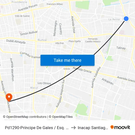 Pd1290-Príncipe De Gales / Esq. V. Llanos to Inacap Santiago Sur map