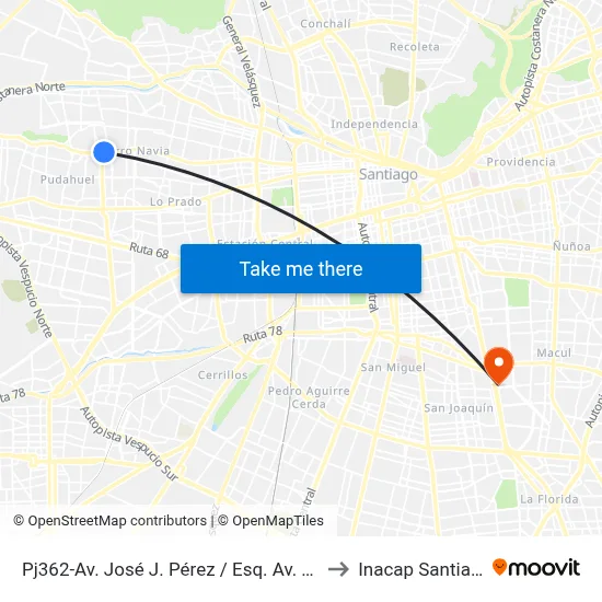 Pj362-Av. José J. Pérez / Esq. Av. Teniente Cruz to Inacap Santiago Sur map