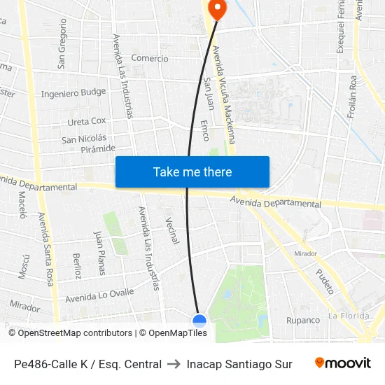 Pe486-Calle K / Esq. Central to Inacap Santiago Sur map