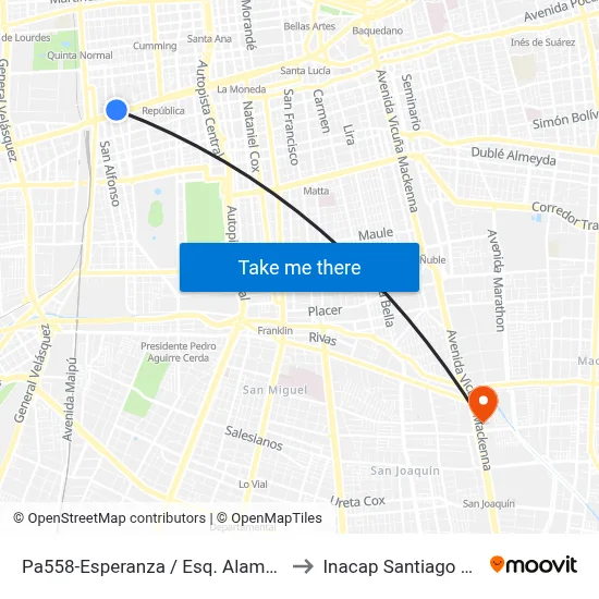 Pa558-Esperanza / Esq. Alameda to Inacap Santiago Sur map