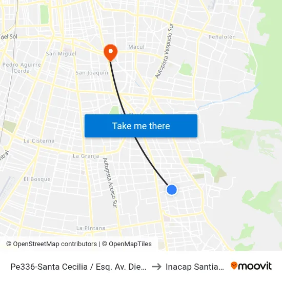 Pe336-Santa Cecilia / Esq. Av. Diego Portales to Inacap Santiago Sur map