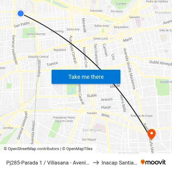 Pj285-Parada 1 / Villasana - Avenida Mapocho to Inacap Santiago Sur map