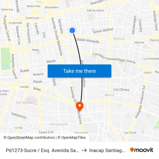 Pd1273-Sucre / Esq. Avenida Salvador to Inacap Santiago Sur map