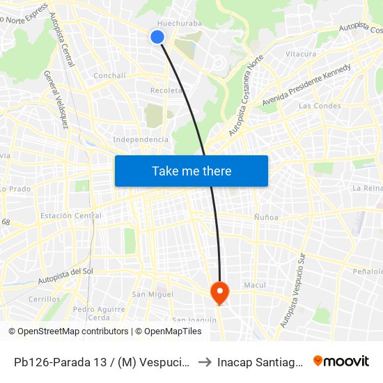 Pb126-Parada 13 / (M) Vespucio Norte to Inacap Santiago Sur map