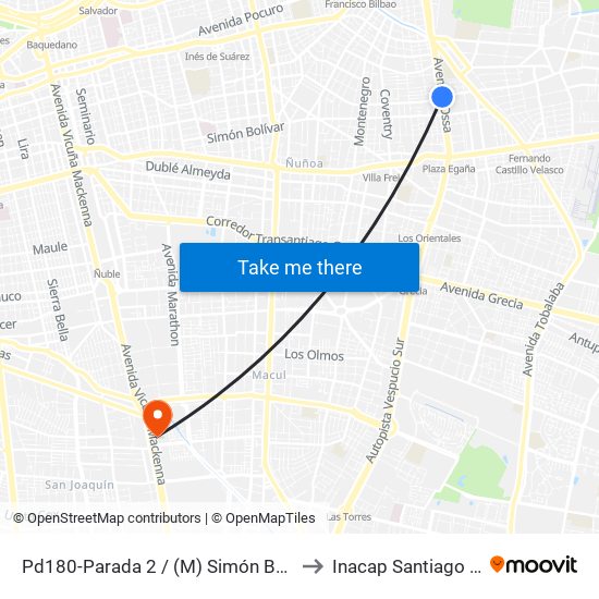 Pd180-Parada 2 / (M) Simón Bolívar to Inacap Santiago Sur map