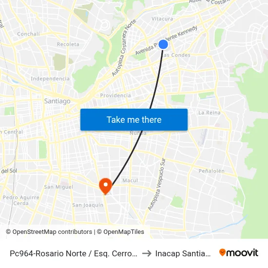 Pc964-Rosario Norte / Esq. Cerro Colorado to Inacap Santiago Sur map