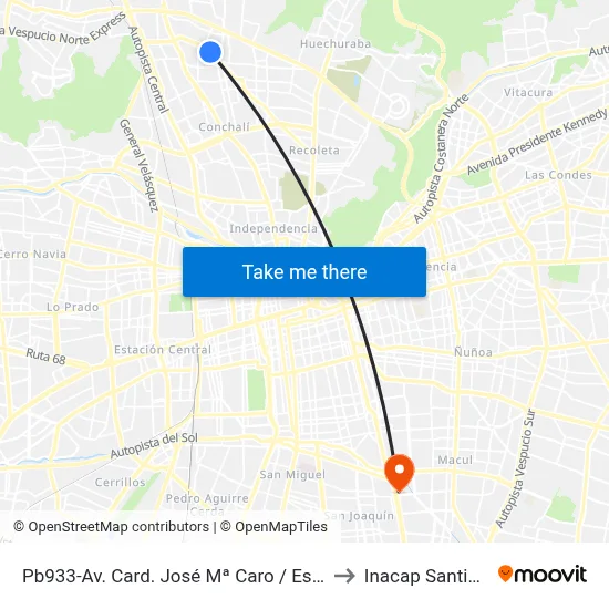 Pb933-Av. Card. José Mª Caro / Esq. Puntiagudo to Inacap Santiago Sur map