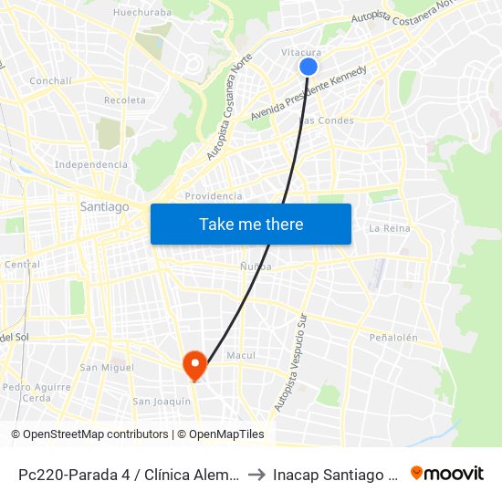 Pc220-Parada 4 / Clínica Alemana to Inacap Santiago Sur map