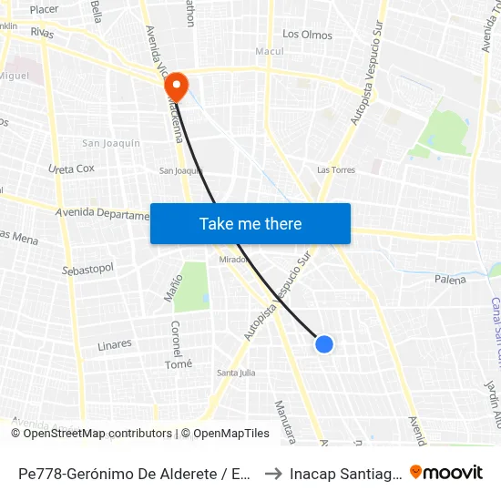 Pe778-Gerónimo De Alderete / Esq. Llaima to Inacap Santiago Sur map