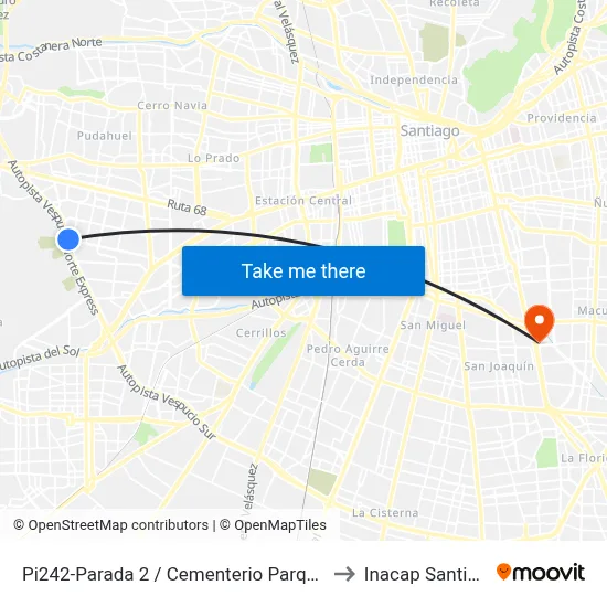Pi242-Parada 2 / Cementerio Parque Del Sendero to Inacap Santiago Sur map