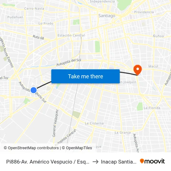 Pi886-Av. Américo Vespucio / Esq. El Universo to Inacap Santiago Sur map
