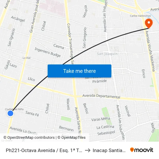 Ph221-Octava Avenida / Esq. 1ª Transversal to Inacap Santiago Sur map