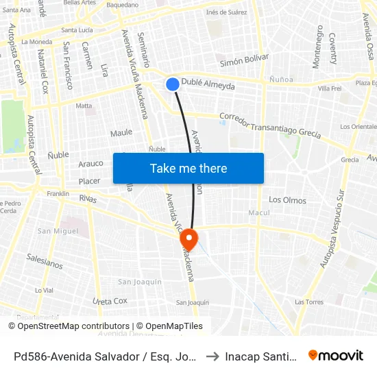 Pd586-Avenida Salvador / Esq. José Dgo. Cañas to Inacap Santiago Sur map