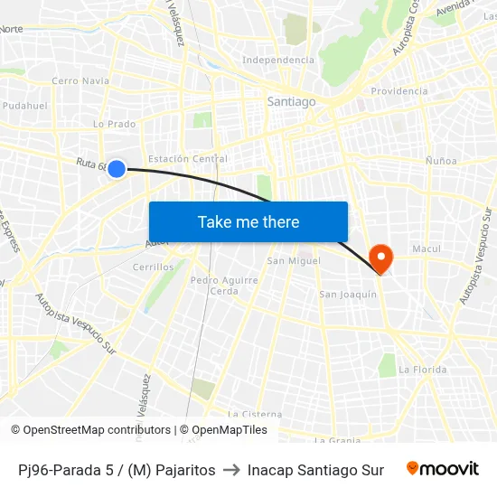 Pj96-Parada 5 / (M) Pajaritos to Inacap Santiago Sur map