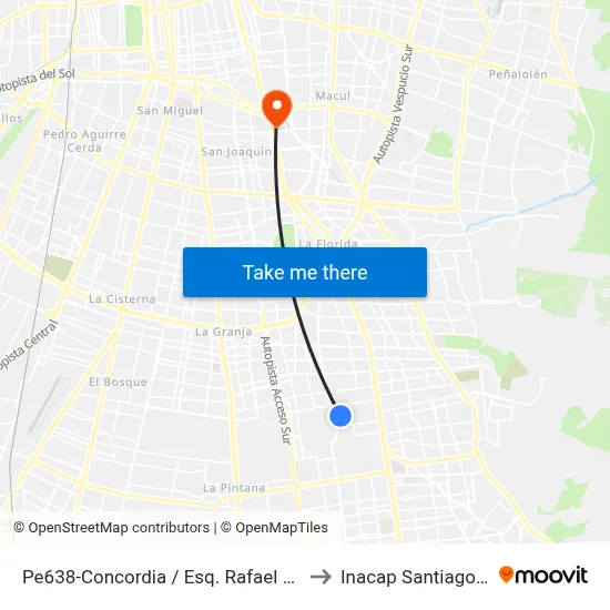 Pe638-Concordia / Esq. Rafael Matus to Inacap Santiago Sur map
