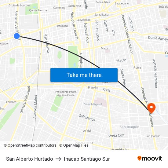 San Alberto Hurtado to Inacap Santiago Sur map