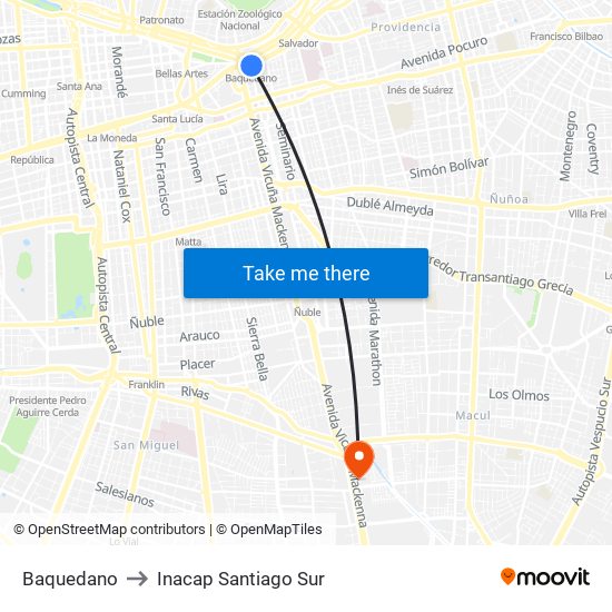 Baquedano to Inacap Santiago Sur map