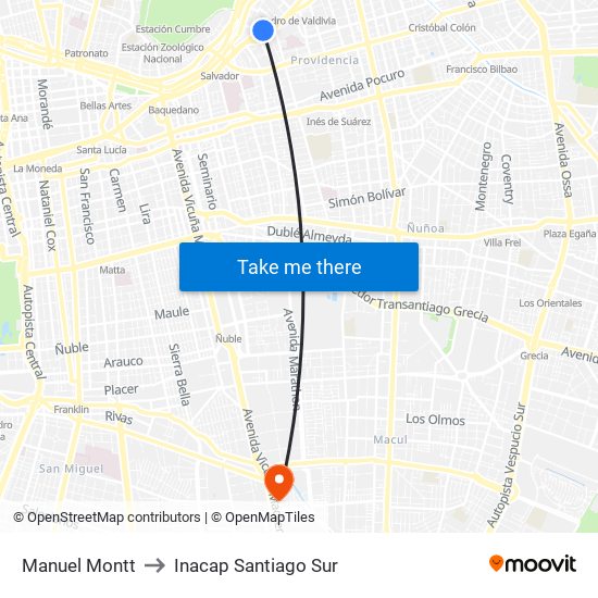 Manuel Montt to Inacap Santiago Sur map