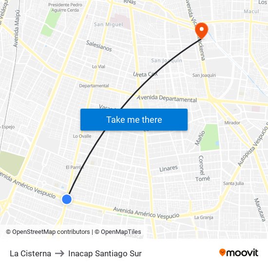 La Cisterna to Inacap Santiago Sur map