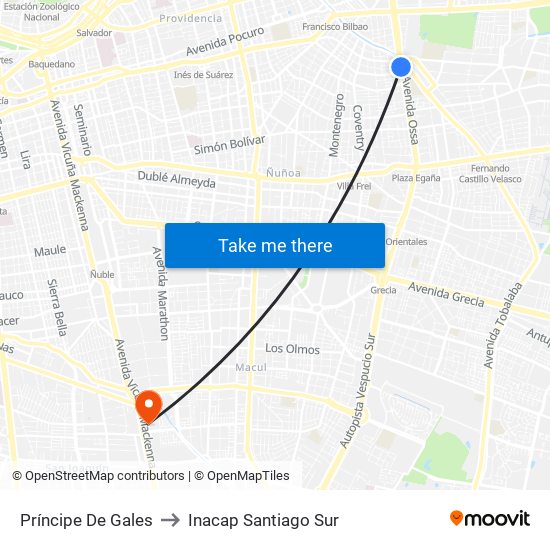 Príncipe De Gales to Inacap Santiago Sur map