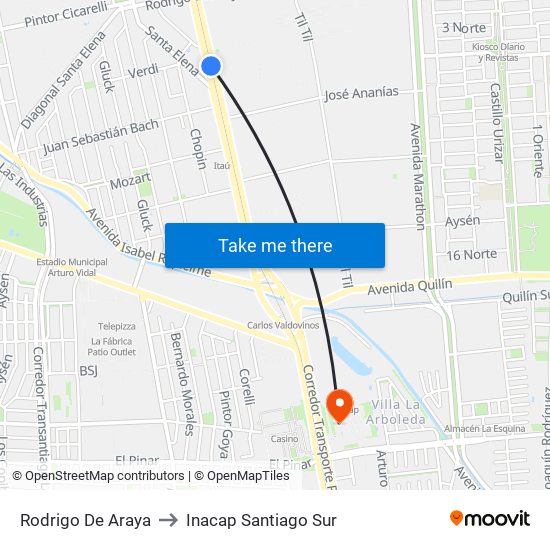 Rodrigo De Araya to Inacap Santiago Sur map