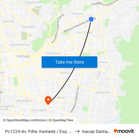 Pc1224-Av. Pdte. Kennedy / Esq. Reina Astrid to Inacap Santiago Sur map