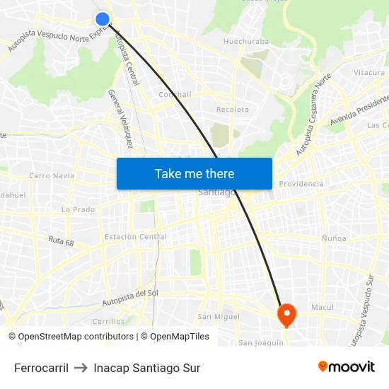 Ferrocarril to Inacap Santiago Sur map