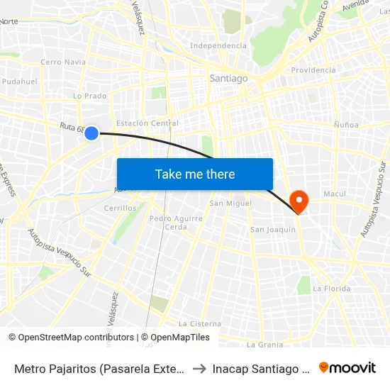 Metro Pajaritos (Pasarela Exterior) to Inacap Santiago Sur map