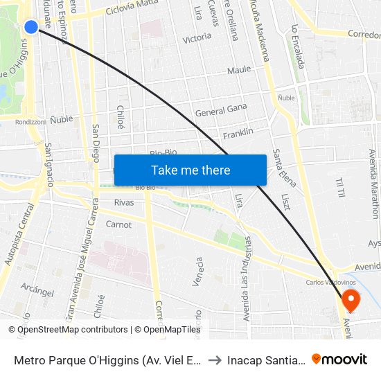 Metro Parque O'Higgins (Av. Viel Esq. Av. Matta) to Inacap Santiago Sur map