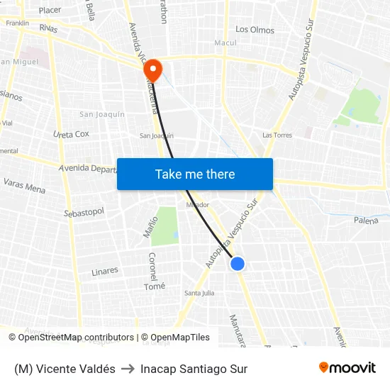 (M) Vicente Valdés to Inacap Santiago Sur map
