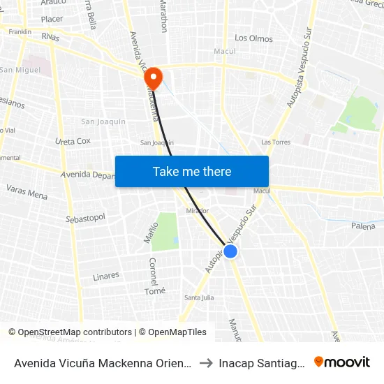 Avenida Vicuña Mackenna Oriente, 7473 to Inacap Santiago Sur map