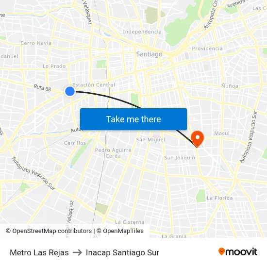 Metro Las Rejas to Inacap Santiago Sur map