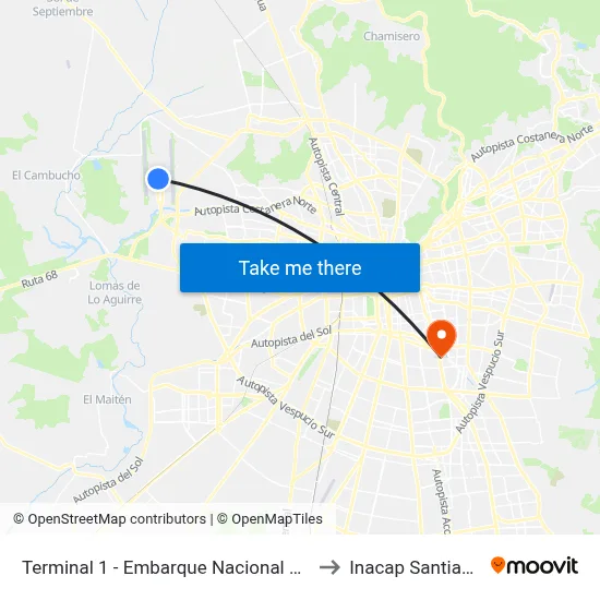 Terminal 1 - Embarque Nacional Aeropuerto to Inacap Santiago Sur map