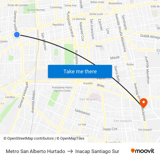 Metro San Alberto Hurtado to Inacap Santiago Sur map