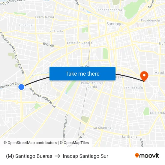(M) Santiago Bueras to Inacap Santiago Sur map