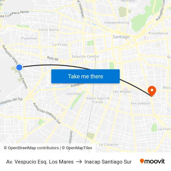 Av. Vespucio Esq. Los Mares to Inacap Santiago Sur map