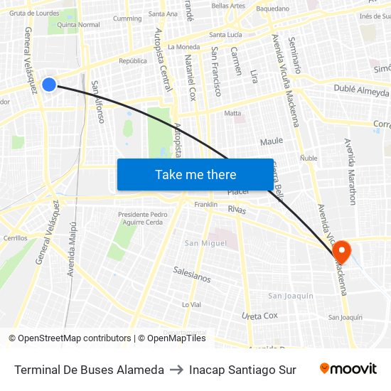 Terminal De Buses Alameda to Inacap Santiago Sur map