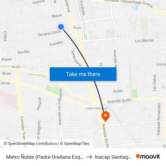 Metro Ñuble (Padre Orellana Esq. Ñuble) to Inacap Santiago Sur map