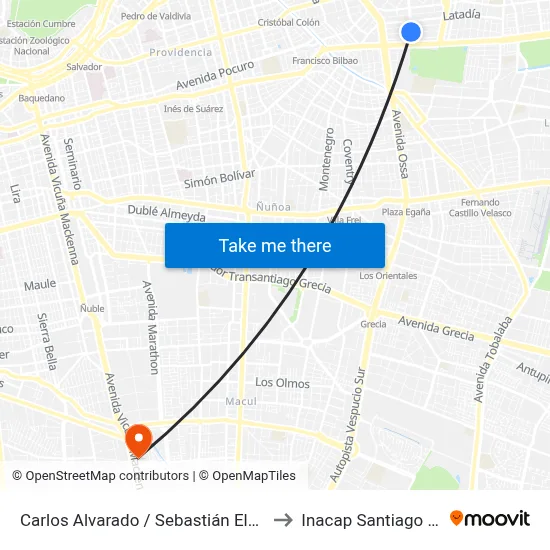 Carlos Alvarado / Sebastián Elcano to Inacap Santiago Sur map