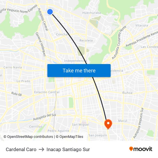 Cardenal Caro to Inacap Santiago Sur map