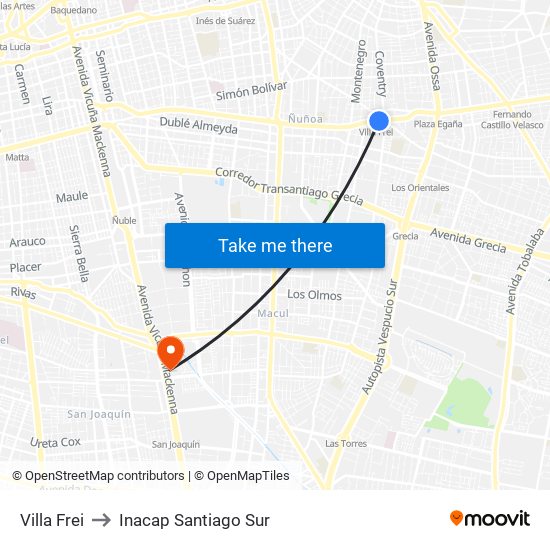 Villa Frei to Inacap Santiago Sur map