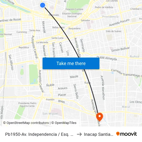 Pb1950-Av. Independencia / Esq. Dávila Baeza to Inacap Santiago Sur map