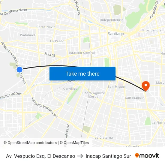 Av. Vespucio Esq. El Descanso to Inacap Santiago Sur map