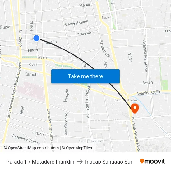 Parada 1 / Matadero Franklin to Inacap Santiago Sur map
