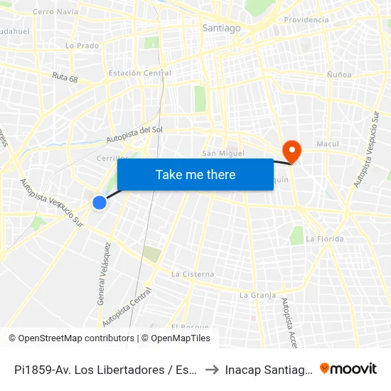 Pi1859-Av. Los Libertadores / Esq. Calle 2 to Inacap Santiago Sur map