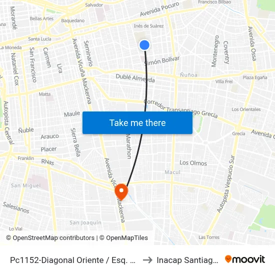 Pc1152-Diagonal Oriente / Esq. Granada to Inacap Santiago Sur map